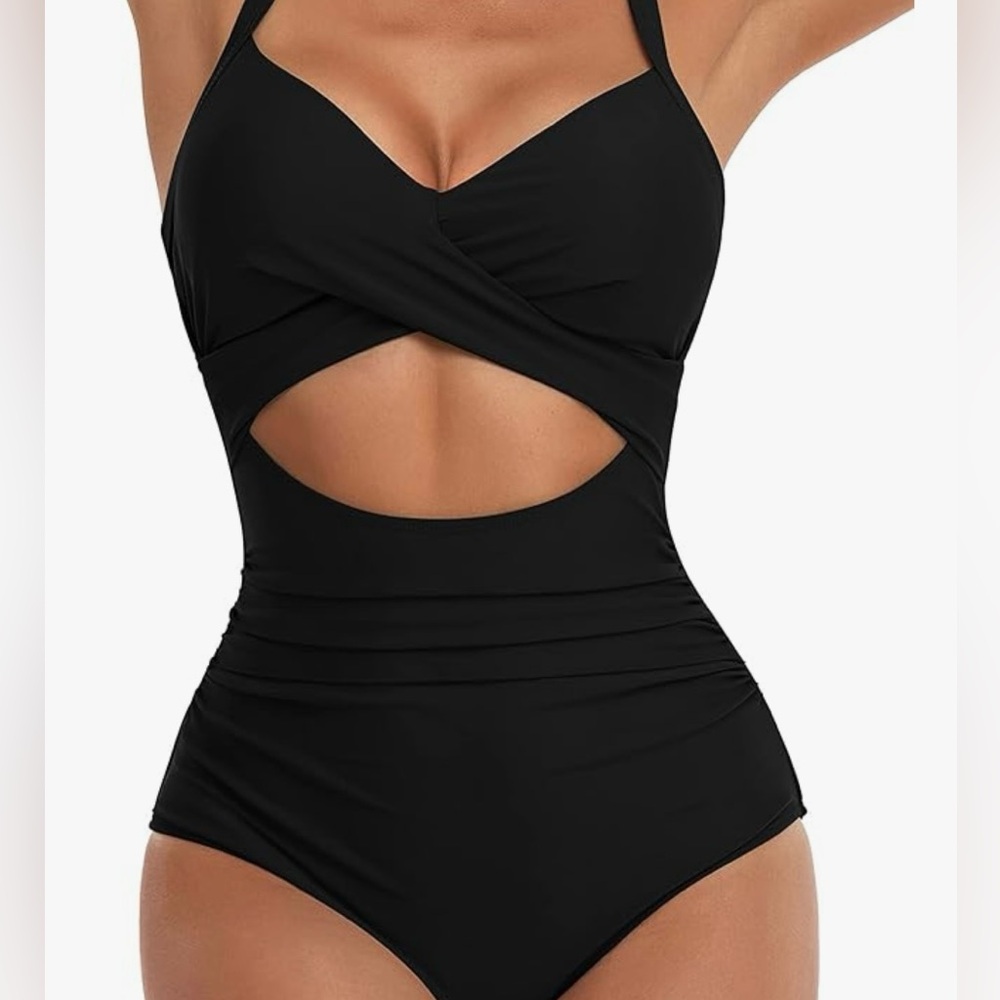 NWT Eomenie Black Cutout High Ruched Waist Tie Back 1 Pc Swimsuit Size M